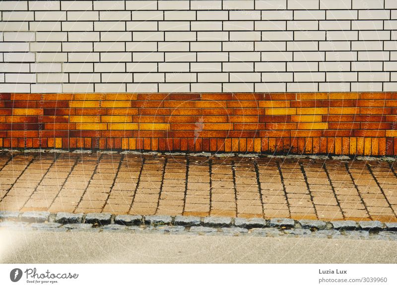 Goldenes Pflaster Stadtzentrum Menschenleer Gebäude Mauer Wand Verkehrswege Fußgänger alt braun gold weiß Gedeckte Farben Außenaufnahme Textfreiraum links