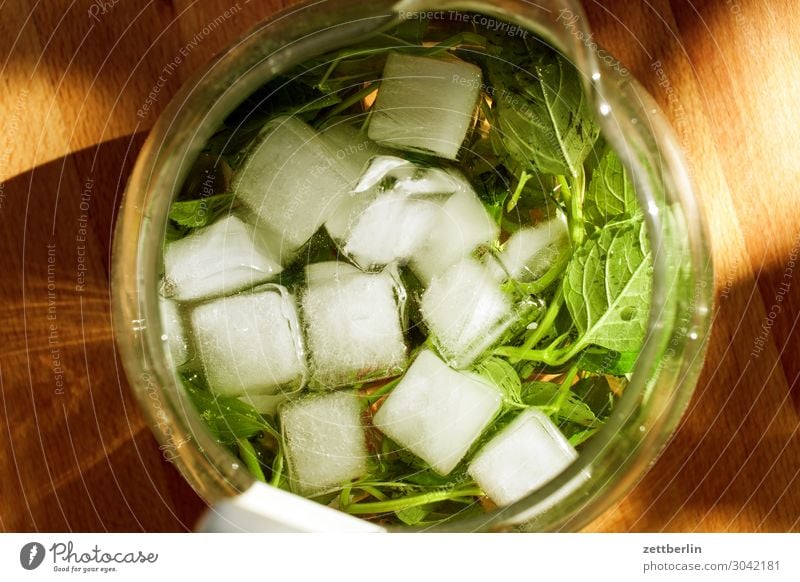 Wasser mit Minze trinken Getränk Eis Eiswürfel Sommer Glas Kannen Karaffen Behälter u. Gefäße Kühlung gekühlt kalt Vogelperspektive Tisch Menschenleer