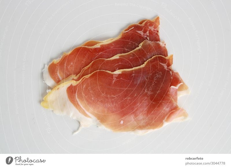 Scheiben Serrano-Schinken Fleisch Mittagessen Gastronomie Holz lecker rot weiß Tradition Prosciutto vereinzelt Hintergrund aufgeschnitten Spanisch Jamón Parma