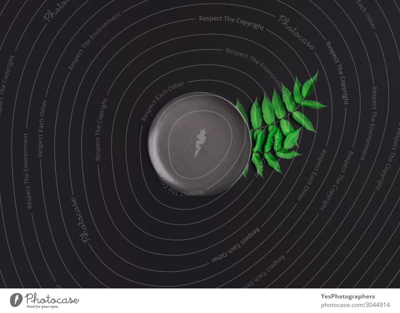 Graue Platte auf schwarzem Tisch und grünen Baumzweigen Gesunde Ernährung Dekoration & Verzierung Küche Restaurant Blatt Ornament natürlich grau obere Ansicht