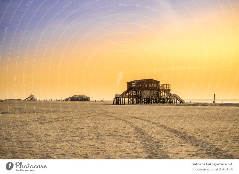 Strand in Sankt Peter Ording im Sonnenlicht mit Pfahlbauten spo Freizeit & Hobby Ferien & Urlaub & Reisen Tourismus Ausflug Freiheit Sightseeing Sommer