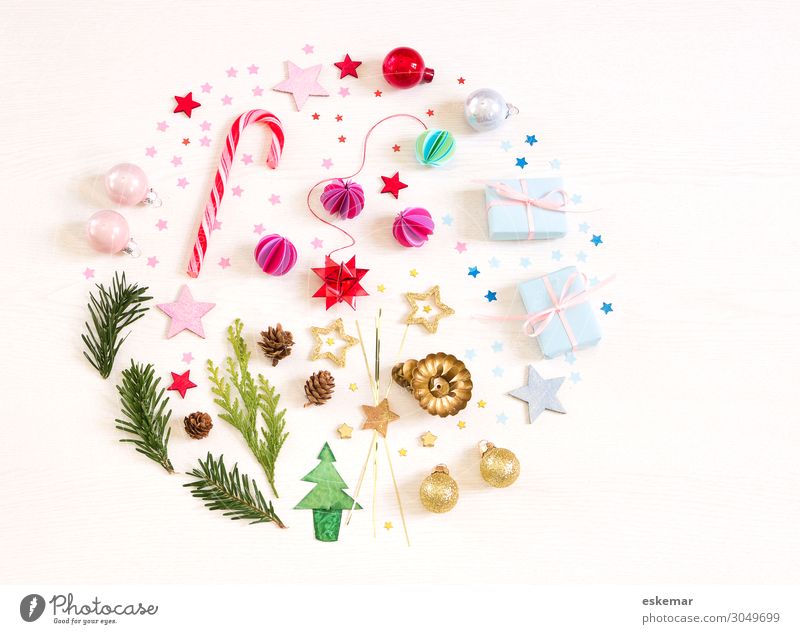 Weihnachten Flatlay Zuckerstange Dekoration & Verzierung Feste & Feiern Weihnachten & Advent rund grün rosa weiß Weihnachtsbaum Postkarte Stillleben Aufsicht