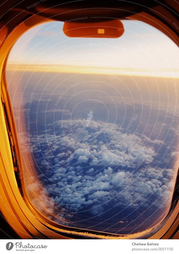 Horizont von oben Himmel Wolken Sonnenaufgang Sonnenuntergang Flugzeugausblick schön blau orange Abenteuer entdecken Erfahrung Ferien & Urlaub & Reisen Freiheit