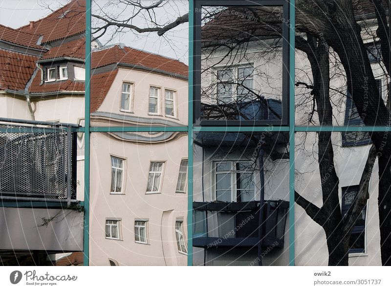 Scheibchenweise Wolkenloser Himmel Baum Baumstamm Ast Bautzen Deutschland Haus Mauer Wand Fassade Balkon Fenster Stadt verrückt bizarr Verzerrung Teilung