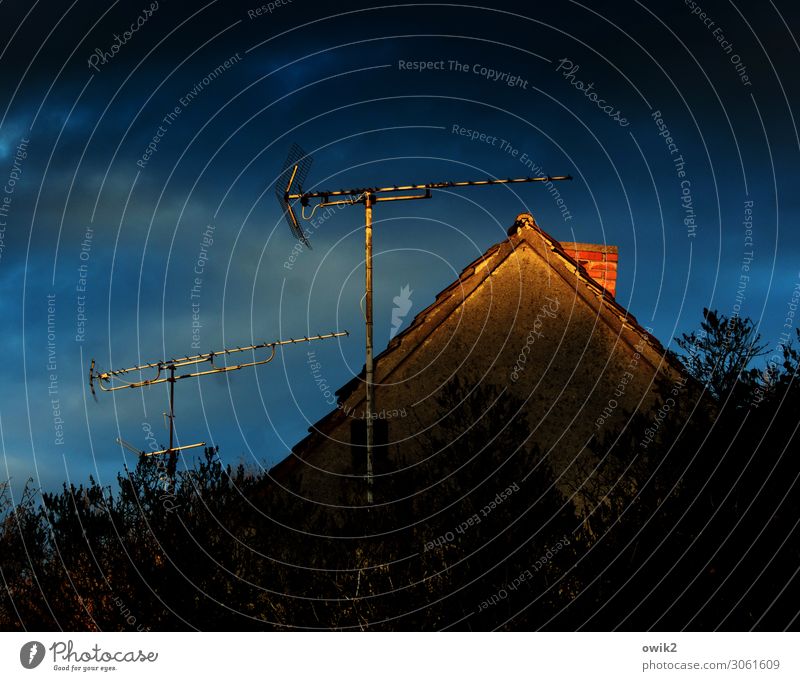 Abendprogramm Haus Wand Mauer Giebelseite Dachgiebel Wolken Himmel Sonnenlicht Sonnenuntergang Low Key Außenaufnahme Farbfoto ruhig dunkel Antenne leuchten Baum