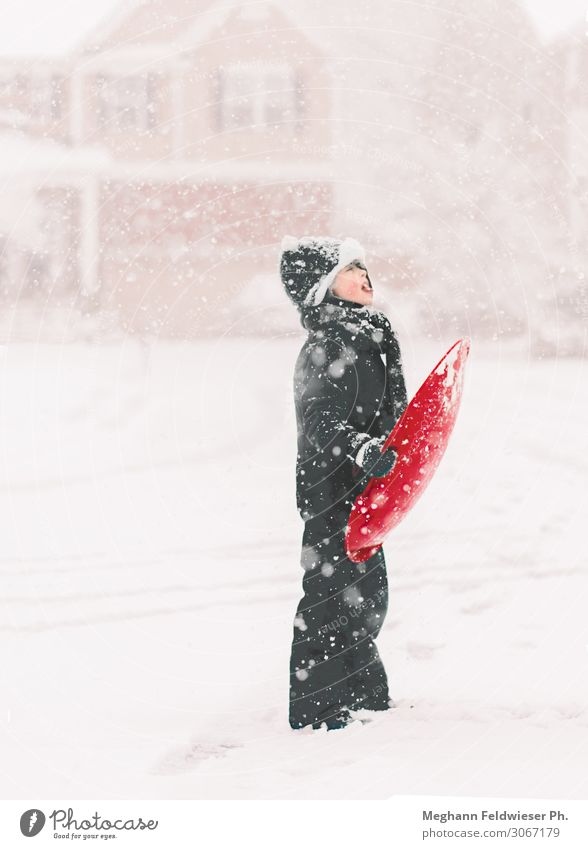 Schlitten & Snack Freude Winter Schnee Rodeln Schneefall Hose Mantel Schal Handschuhe Hut genießen Spielen stehen tragen authentisch frei Fröhlichkeit Glück