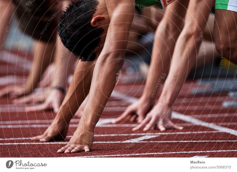 Startlinie beim Wettlauf Sport Leichtathletik Sportler Sportmannschaft Sportveranstaltung Sportstätten Stadion Mensch maskulin Junger Mann Jugendliche