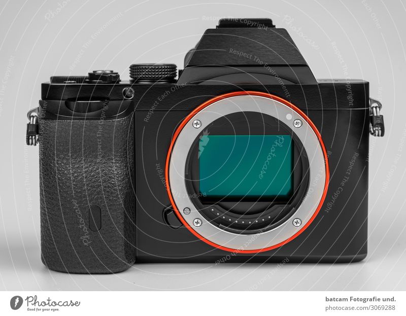 Spiegellose Systemkamera A7 Fotokamera Glas Metall Kunststoff grau grün orange schwarz silber kleinbildsensor Digitalkamera isoliert 35 mm Wechselobjektive