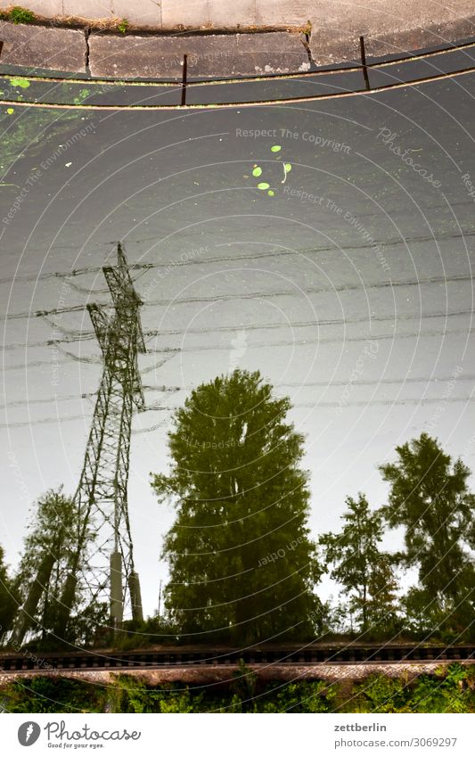 Spiegelung im Kanal Fluss Schifffahrt hohenzollernkanal Berlin reinickendorf Spiegelbild Wasser Wasseroberfläche Elektrizität Strommast Flussufer Am Rand Natur