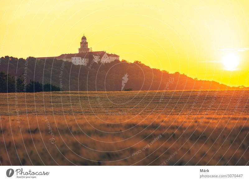 Erzabtei Pannonhalma mit Weizenfeld bei Sonnenuntergang im Sommer. Die Benediktinerabtei Pannonhalma oder Territorialabtei von Pannonhalma ist das bedeutendste Wahrzeichen von Pannonhalma und eines der ältesten historischen Denkmäler Ungarns, das 996 gegründet wurde.