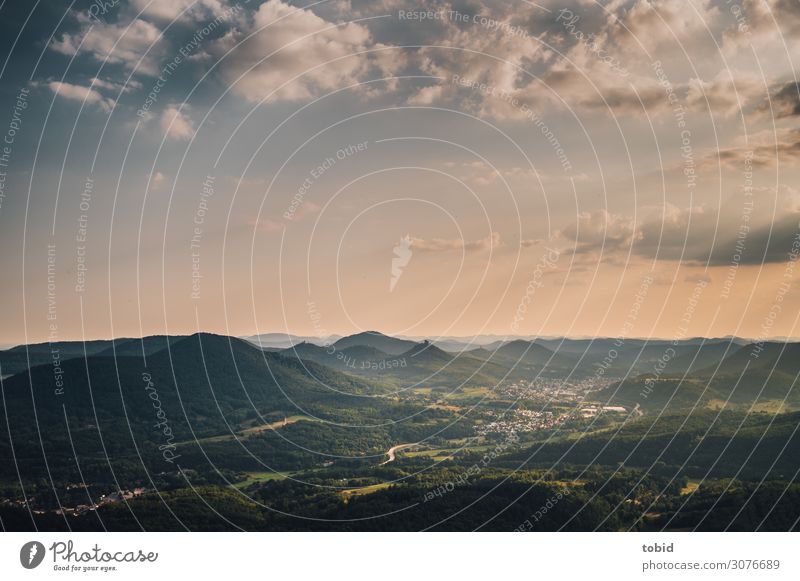 Abendstimmung Natur Landschaft Himmel Wolken Horizont Schönes Wetter Wald Hügel Gipfel Pfälzerwald Rheinland-Pfalz Annweiler Kleinstadt Stadt Straße