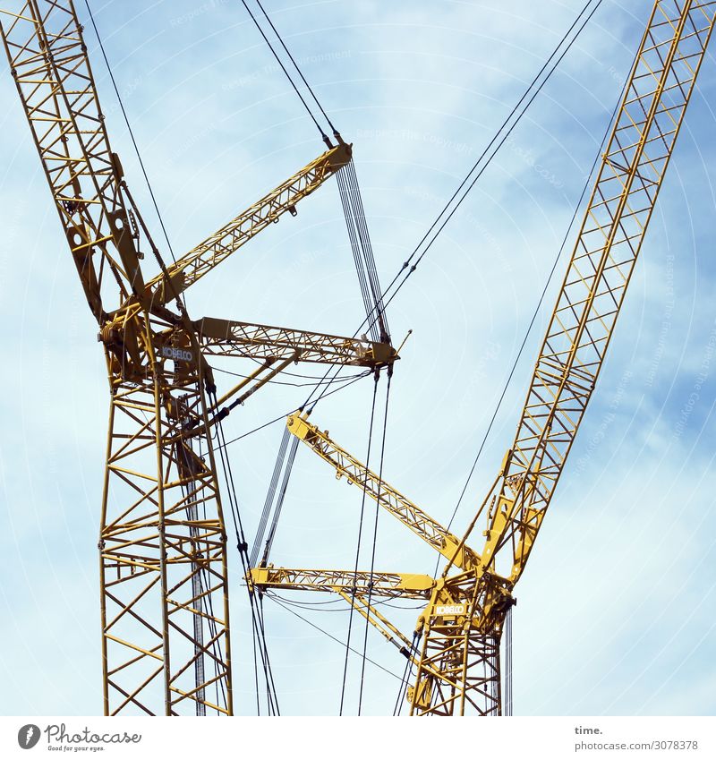 Stadtgiraffen (1) Arbeit & Erwerbstätigkeit Arbeitsplatz Baustelle Handwerk Himmel Wolken Schönes Wetter Kran Metall Linie Zusammensein Leidenschaft Wachsamkeit