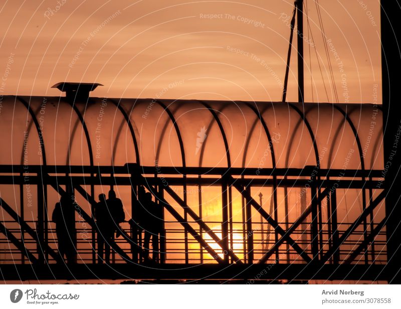 Menschen in einem Gehwegtunnel bei orangefarbenem Sonnenuntergang Hintergrund schön Schönheit Promenade Brücke Abend idyllisch Landschaft Morgen Natur im Freien