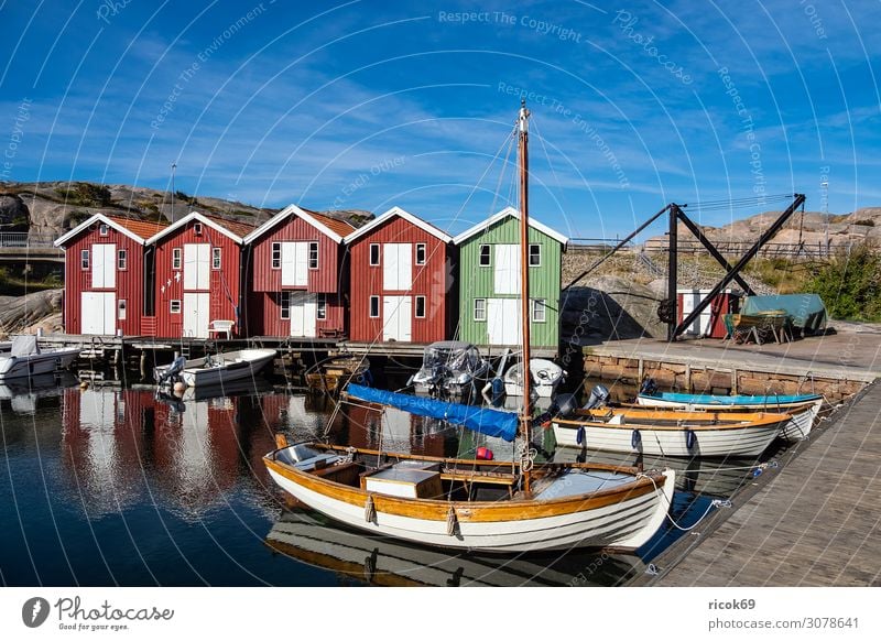 Blick auf den Ort Smögen in Schweden Erholung Ferien & Urlaub & Reisen Tourismus Sommer Meer Haus Natur Landschaft Wasser Wolken Felsen Küste Nordsee Dorf Hafen