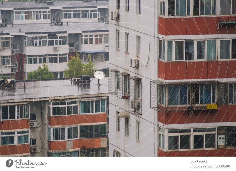 Viertel in Peking schlechtes Wetter Stadthaus Plattenbau Wohnhochhaus Fassade Fenster Beton authentisch retro trist Stimmung Schutz Ordnungsliebe gleich Stil