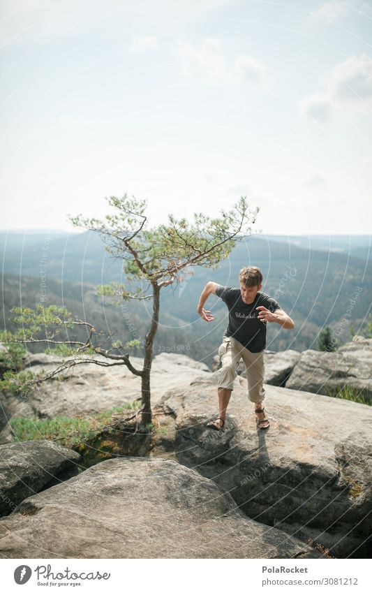 #A2# Jump Umwelt Natur Landschaft ästhetisch Sächsische Schweiz Berge u. Gebirge Gipfel Mann springen sprunghaft Sandstein Farbfoto Gedeckte Farben