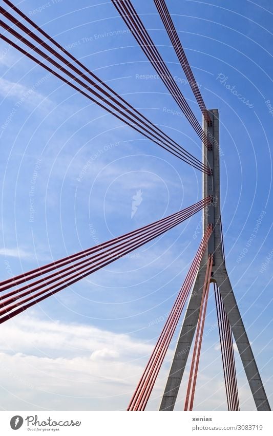 Niederrheinbrücke mit blauem Himmel Brücke Wolken Wesel Bauwerk Architektur Verkehr Verkehrswege Straßenverkehr Bundesstraße Schrägseilbrücke Pylon hoch rot