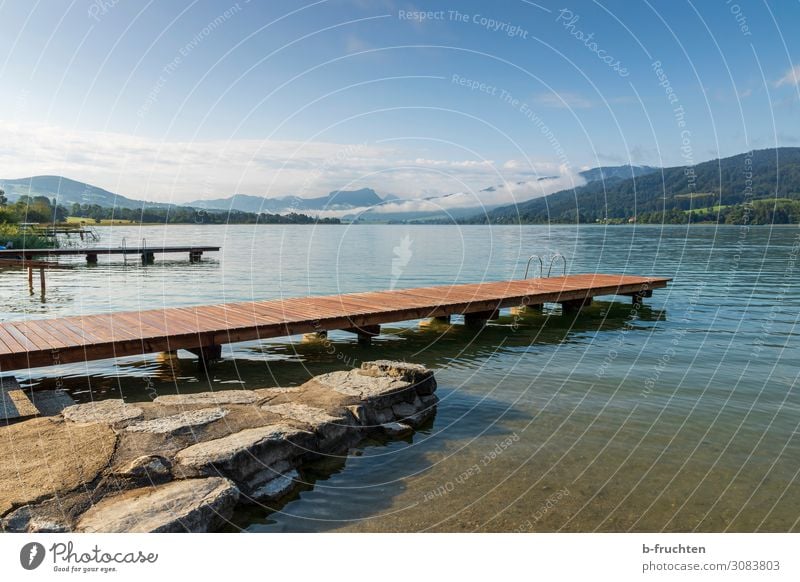 See mit Holzstegen harmonisch Zufriedenheit Erholung ruhig Natur Landschaft Wolken Horizont Sommer Herbst Schönes Wetter Alpen Berge u. Gebirge Seeufer frei