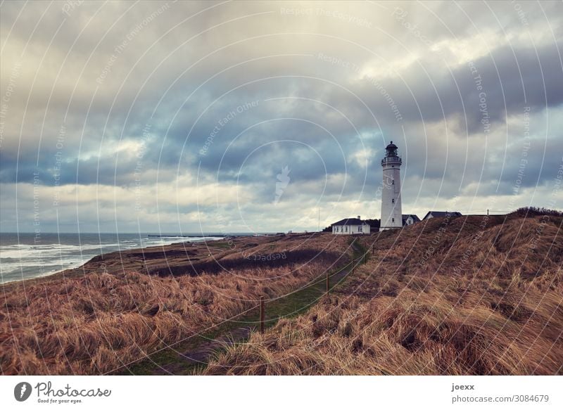 Nicht untergehen Landschaft Himmel Wolken Wetter Wiese Wellen Küste Meer Leuchtturm Ferne historisch hoch blau braun weiß Heimweh Fernweh Horizont Sicherheit