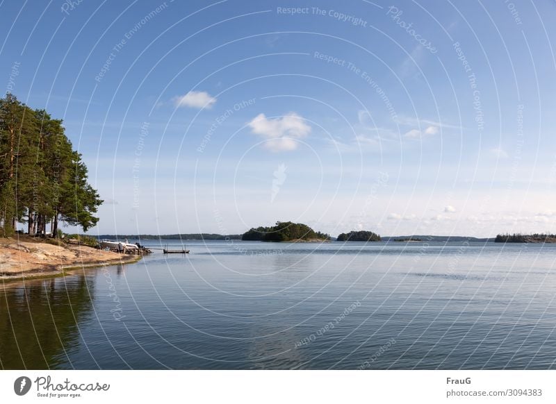 Sommer am Meer Landschaft Wasser Ostsee Küste Strand Natur Ferien & Urlaub & Reisen Schären Fels Wald Boote Steg Wolken Himmel schönes Wetter Spiegelung