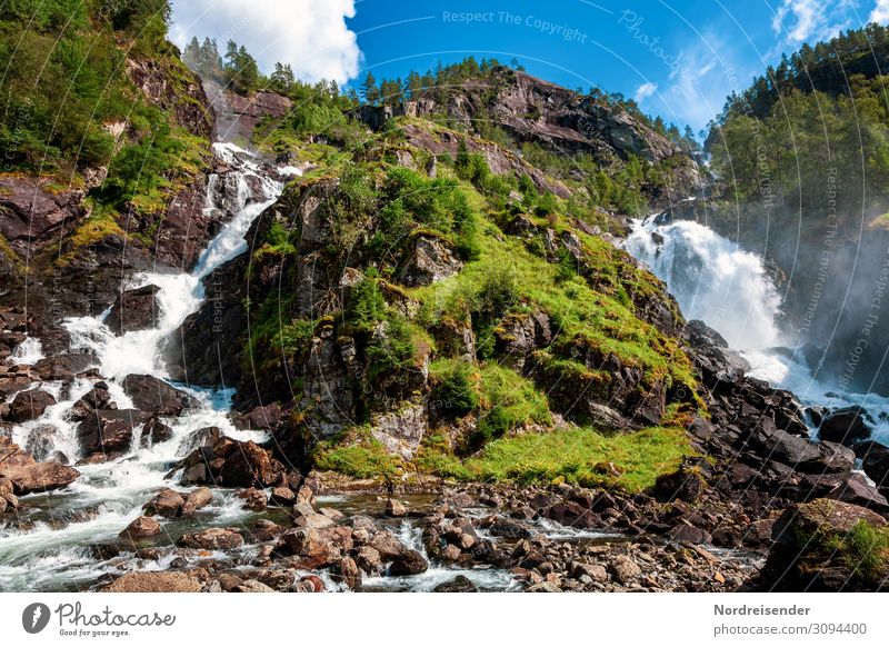 Zwillingswasserfall Låtefossen Ferien & Urlaub & Reisen Tourismus Ausflug Ferne Sommer Natur Landschaft Urelemente Wasser Himmel Wolken Frühling Schönes Wetter