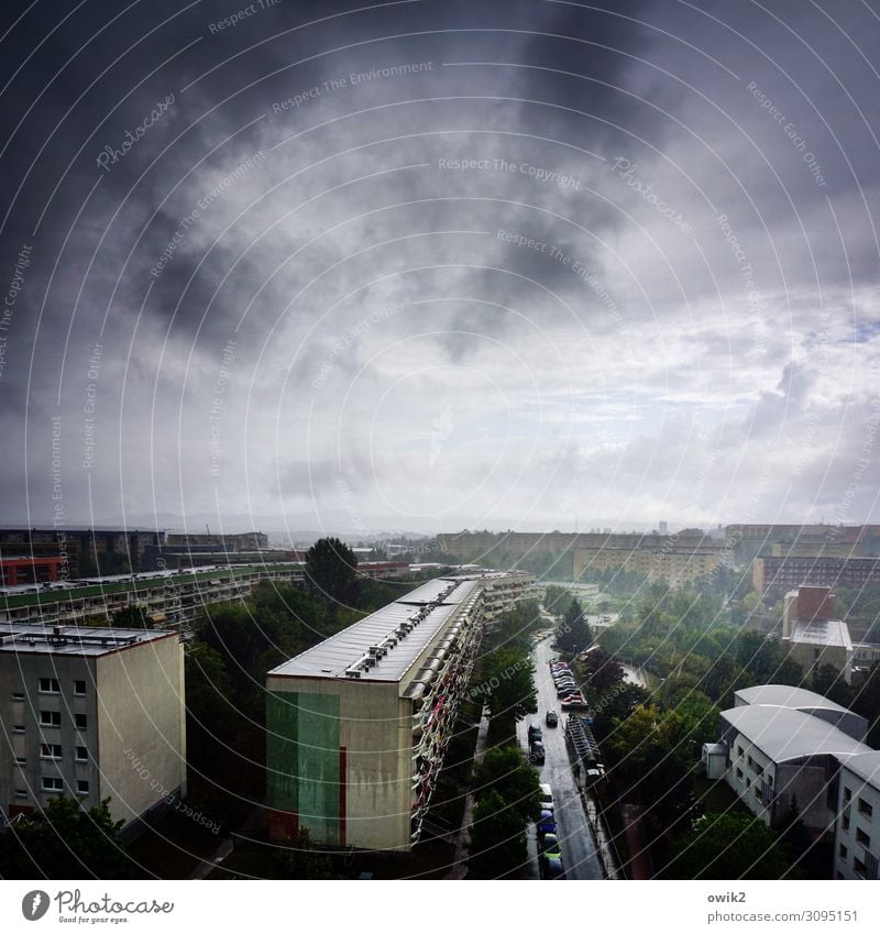 Nasser Tag Urelemente Luft Himmel Horizont schlechtes Wetter Unwetter Regen Baum Bautzen Kleinstadt Stadtrand bevölkert Haus Gebäude Plattenbau Fassade Balkon