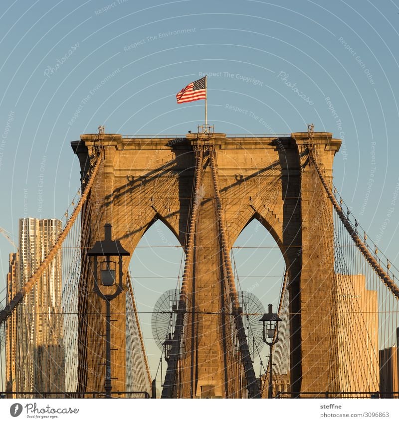 Brooklyn Bridge bei Sonnenaufgang Sonnenuntergang Sonnenlicht Schönes Wetter Stadt Skyline Hochhaus Sehenswürdigkeit Wahrzeichen Brücke blau orange USA