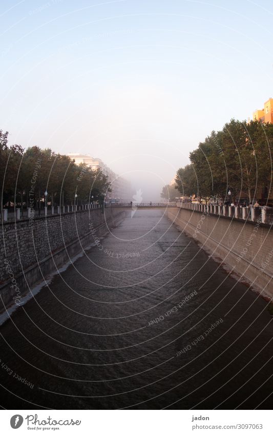 morgennebel. Ferne Luft Wasser Himmel Horizont Nebel Baum Flussufer Bauwerk Verkehrswege Wege & Pfade lang Stadt Fernweh Symmetrie Kanal Allee Farbfoto