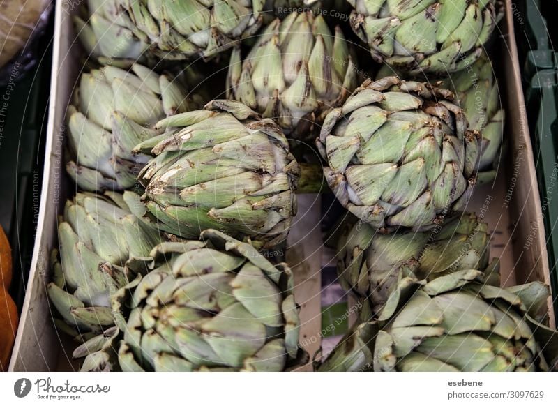 Artischocken auf dem Markt Gemüse Frucht Ernährung Vegetarische Ernährung Diät Sommer Garten Natur Pflanze Blume Blatt stehen frisch lecker natürlich grün Farbe