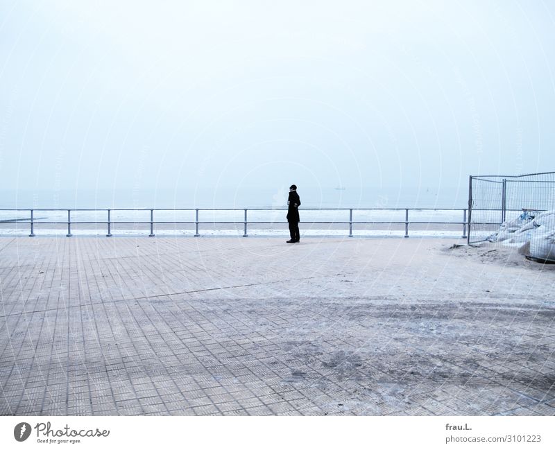 Ostende Ferien & Urlaub & Reisen Tourismus Ausflug Strand Meer Winter Schnee Mann Erwachsene 1 Mensch 45-60 Jahre Nordsee Mantel Hut Blick Gelassenheit