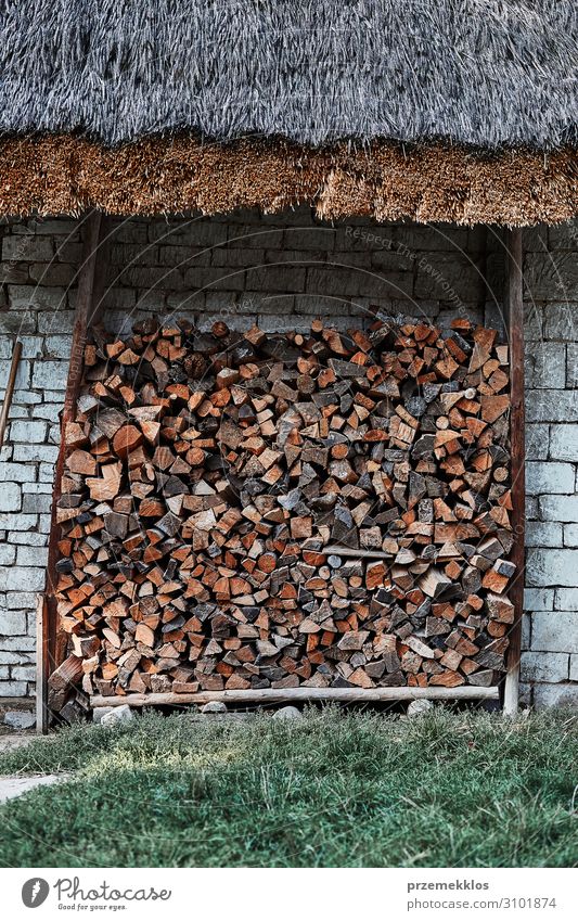 Brennholzscheite, die unter dem Steinschuppen gelagert werden. Holz authentisch Anhäufung Stapel Totholz Material Feuerstelle Baracke Wand Lager Nutzholz