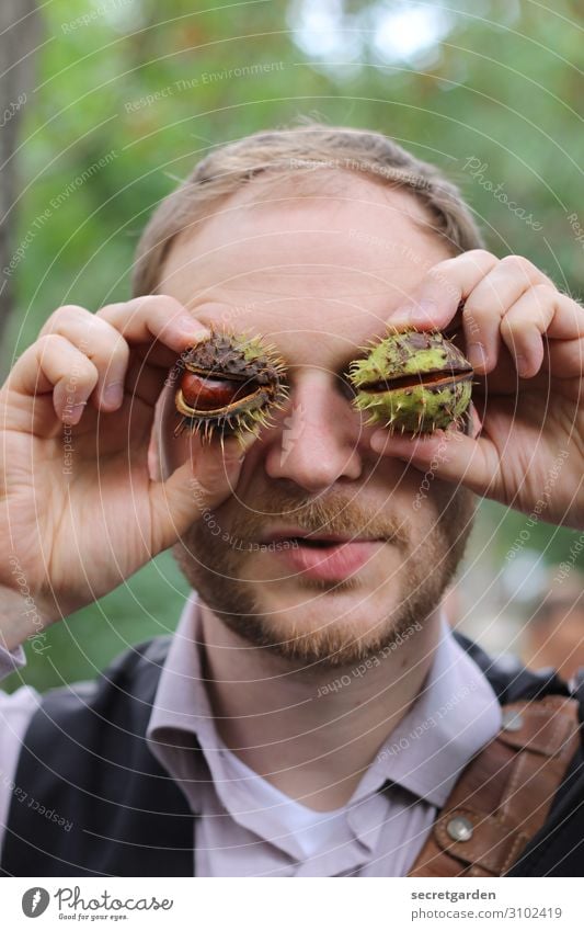 Gattung: Edelkastanie. Kastanie Vegetarische Ernährung Freude Spielen Mensch maskulin Mann Erwachsene Kopf Auge Hand Finger 1 30-45 Jahre Natur Herbst