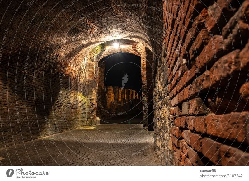 Mittelalterlicher Durchgang zur alten Castelvecchio-Brücke über die Etsch bei Nacht, Verona, Italien Burg oder Schloss Gate Eingang Struktur Licht verzaubert