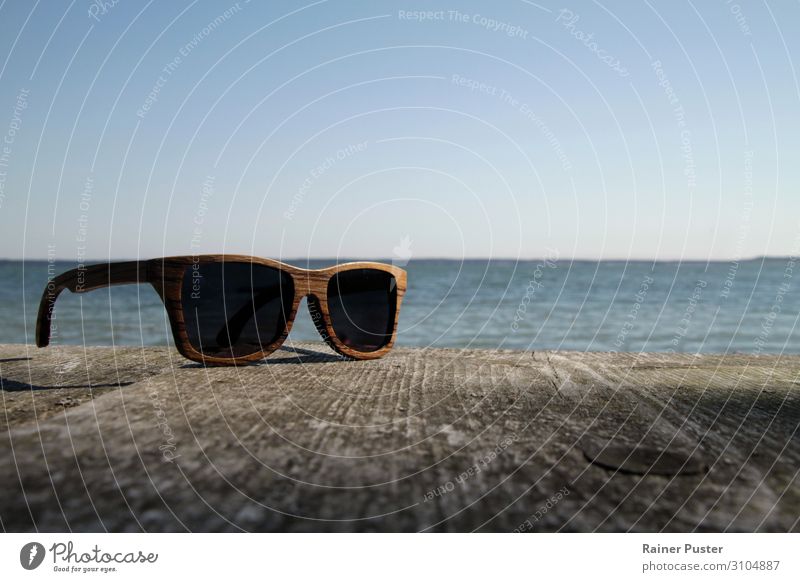 Sonnenbrille aus Holz mit Meer im Hintergrund Stil Wolkenloser Himmel Schönes Wetter Küste Schweden Brille Coolness holzbrille Farbfoto Außenaufnahme