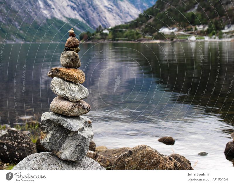 Steinmännchen Natur Landschaft Urelemente Wasser Sommer Schönes Wetter Grünpflanze Wald Felsen Seeufer Fjord Nordsee natürlich braun grau weiß Horizont Idylle