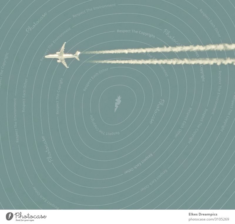 Flugzeug Luft Himmel Wolkenloser Himmel Verkehrsmittel Verkehrswege Luftverkehr Passagierflugzeug fliegen blau Kondensstreifen Gedeckte Farben Außenaufnahme Tag