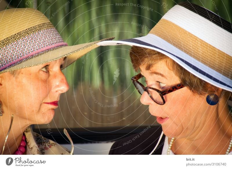 Was? Da hast du deinen Hut auch her? Mensch feminin Frau Erwachsene Geschwister Schwester Familie & Verwandtschaft Freundschaft Kopf sprechen Strohhut Brille