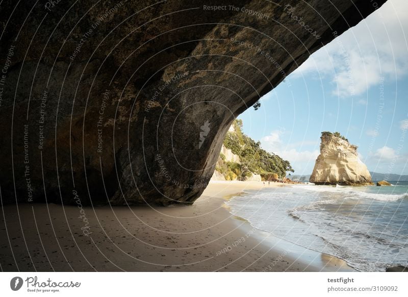 höhle Umwelt Natur Landschaft Urelemente Erde Sand Wasser Himmel Wolken Sommer Klima Schönes Wetter Grünpflanze Wildpflanze Hügel Felsen Strand Bucht Meer