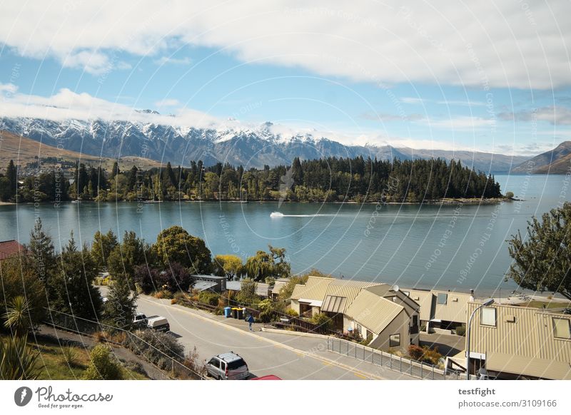 remarkables Umwelt Natur Landschaft Pflanze Wasser Himmel Wolken Schönes Wetter Baum Berge u. Gebirge Gipfel Schneebedeckte Gipfel Seeufer Fischerdorf