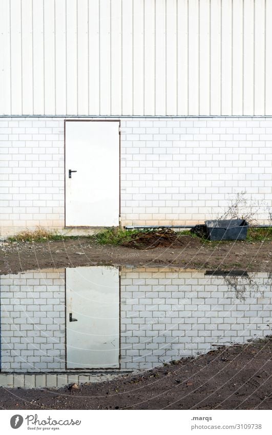 Tür | Tür Boden Pfütze Fassade weiß Ordnung Perspektive Entscheidung Farbfoto Außenaufnahme Menschenleer Textfreiraum oben Textfreiraum unten Tag