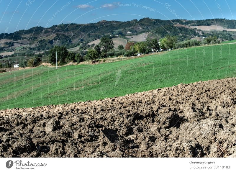 Gepflügte Erde aus nächster Nähe. Sonniger Tag. Umwelt Landschaft Wiese Hügel Fluggerät braun Farbe pflügen Ackerbau Bauernhof gepflügt Pflug Bodenbearbeitung