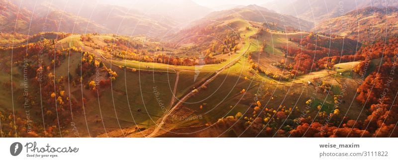 Herbstliches Bergpanorama. Sonnige Wiese und bunter Wald Ferien & Urlaub & Reisen Ausflug Abenteuer Berge u. Gebirge Umwelt Natur Landschaft Erde Sonnenaufgang