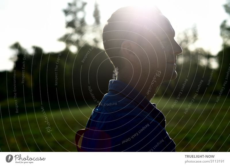 Gegenlichtmann Freude Glück harmonisch Wohlgefühl Zufriedenheit Erholung ruhig Ausflug Sommer Sonne Mann Erwachsene Kopf Gesicht Ohr Nase Mund Lippen