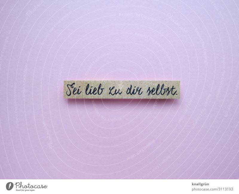 Sei lieb zu dir selbst. Schriftzeichen Schilder & Markierungen Kommunizieren Freundlichkeit rosa Gefühle Glück Sympathie Liebe egoistisch Farbfoto