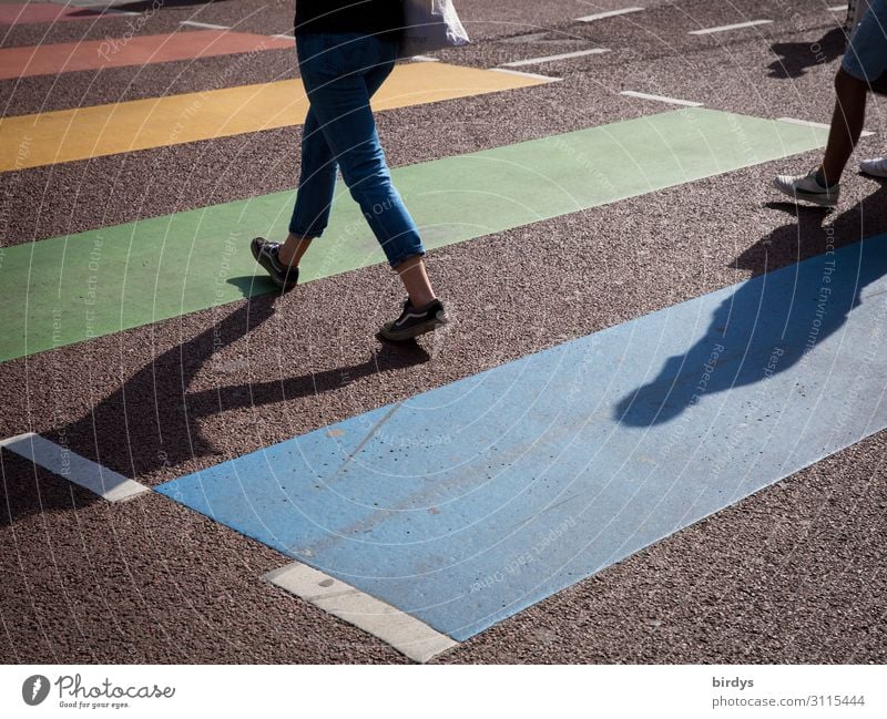 gibts auch in bunt Lifestyle feminin 2 Mensch 18-30 Jahre Jugendliche Erwachsene Sommer Verkehr Fußgänger Straße Wege & Pfade Zebrastreifen Jeanshose rennen