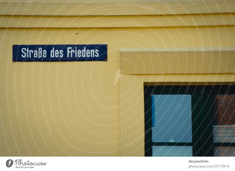 Straße des Friedens heißt das Straßenschild an der Mauer. Ein Teil von einem Fenster ist noch zu sehen. Design Freude Ausflug Umwelt Sommer Schönes Wetter