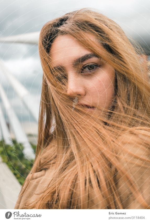 Schöne junge Frau mit Wind durch braunes Haar elegant Stil Mensch feminin Junge Frau Jugendliche Haare & Frisuren Gesicht Auge 1 18-30 Jahre Erwachsene Mode