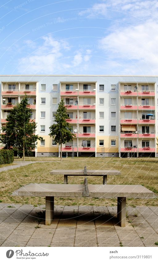 Ostalgie Spielen Häusliches Leben Haus Sport Sportstätten Baum Kleinstadt Stadt Stadtzentrum bevölkert Hochhaus Mauer Wand Fassade Balkon trist Einsamkeit