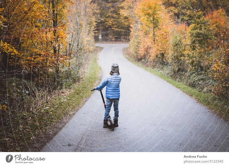 Ausflug mit Roller Kind 1 Mensch 3-8 Jahre Kindheit Natur Herbst Baum Wald Straße Wege & Pfade Blick stehen blau braun gelb grau Abenteuer Glück Freude Farbfoto