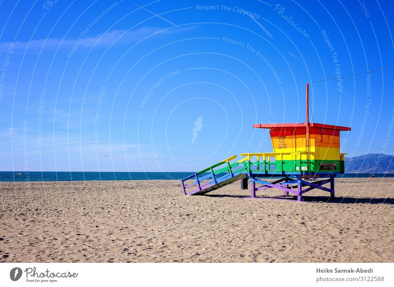 Bunter Rettungsturm der Lifeguards in Venice Beach Strand Meer Schwimmen & Baden Wasser Himmel Wolkenloser Himmel Küste Seeufer Los Angeles Kalifornien